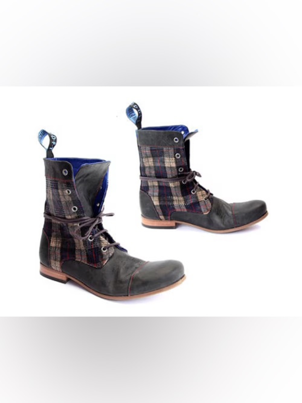 John Fluevog Radio BBC Gray Leather and Navy Plaid Lace-Up Ankle Boots